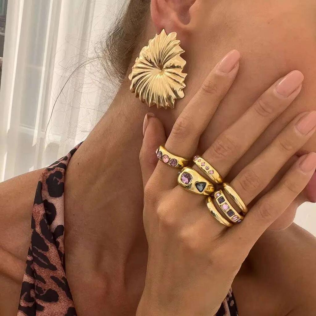 Ingemark 6Pcs Creative Inlaid Purple Rhinestone Opening Ring Set Women 2025 Trendy Simple Metal Finger Rings Jewelry Accessories