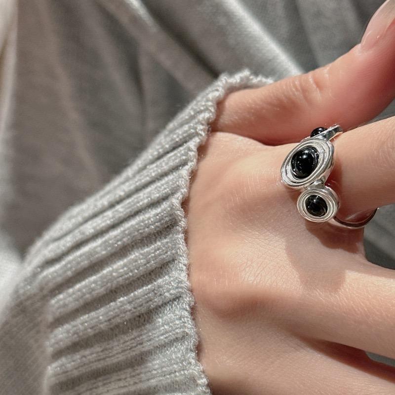 925 Sterling Silver Rings For Women Geometric Fine Jewelry Finger Adjustable Simple Black Stone Bal Ring For Party Birthday Gift
