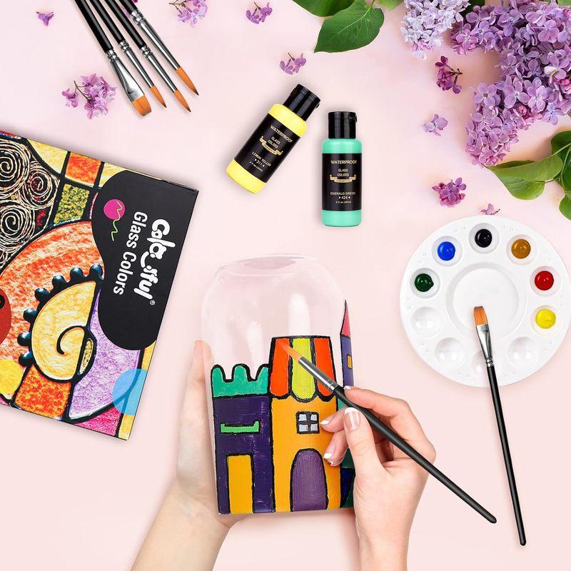 Colorful 14/26 Colors Stain Glass Paint Set with 6 Brushes, 1 Palette & 1 Sponge, Waterproof Permanent Glass Painting Kit