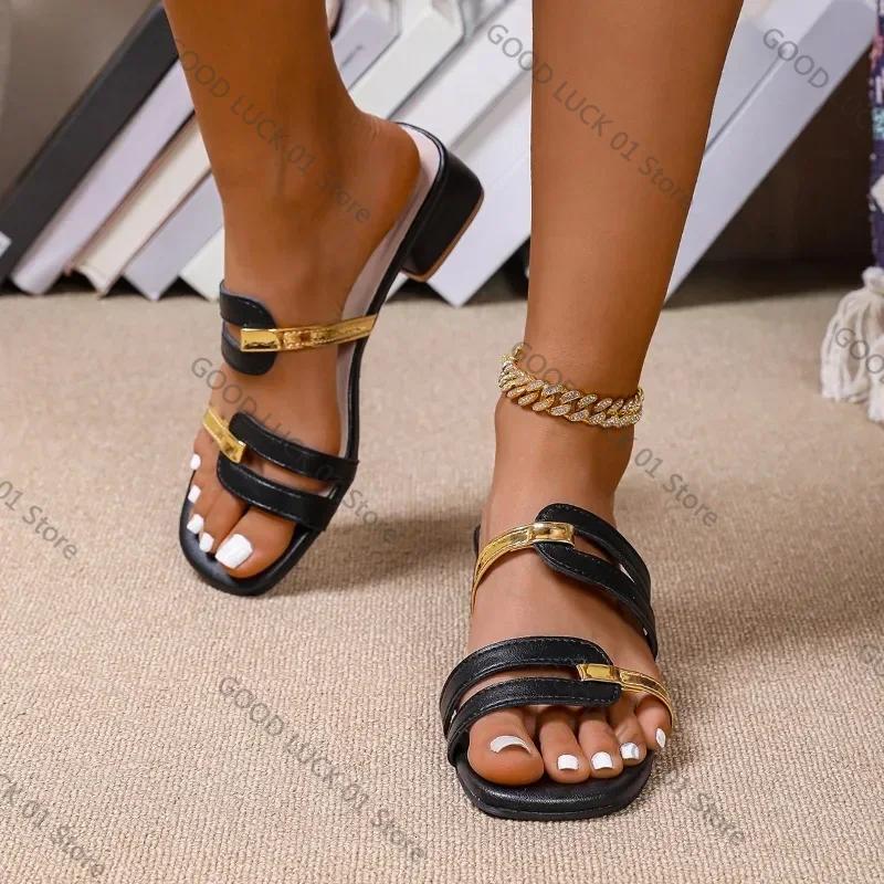 Fashion Summer fashion slippers: New color-blocked striped square heel cool slippers, thick-soled women's casual beach shoes, size 35-42