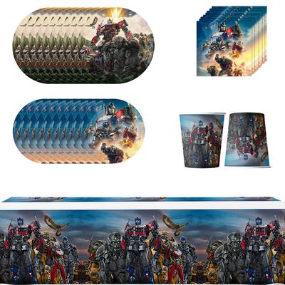 Materiały na przyjęcie urodzinowe Transformers obejmują talerzyki, serwetki, obrus, kubeczki