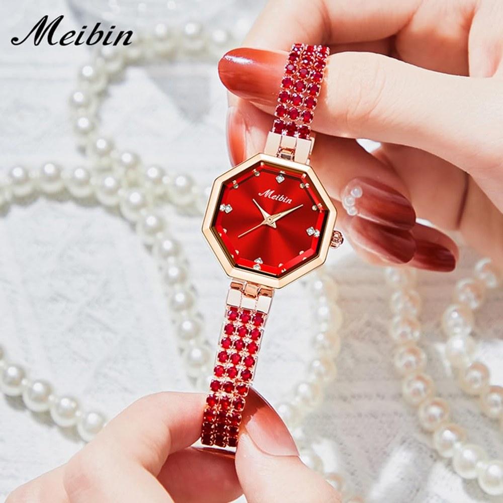 deselon Women's Square Crystal Bracelet Watch Stylish Waterproof Red