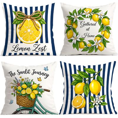 4pcs Navy Lemon Stripe Pattern Cushions Pillowcase Polyester Cushion Cover Throw Pillow Pillowcover Home Car Sofa Decor