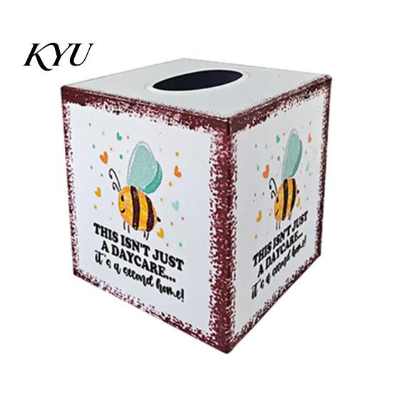 Soft Healing Style Home Decor Iron Art Square Tissue Box, Bee And Bird Watercolor Print Cute Animal Organizer Holder, Pastoral Decorative Napkin