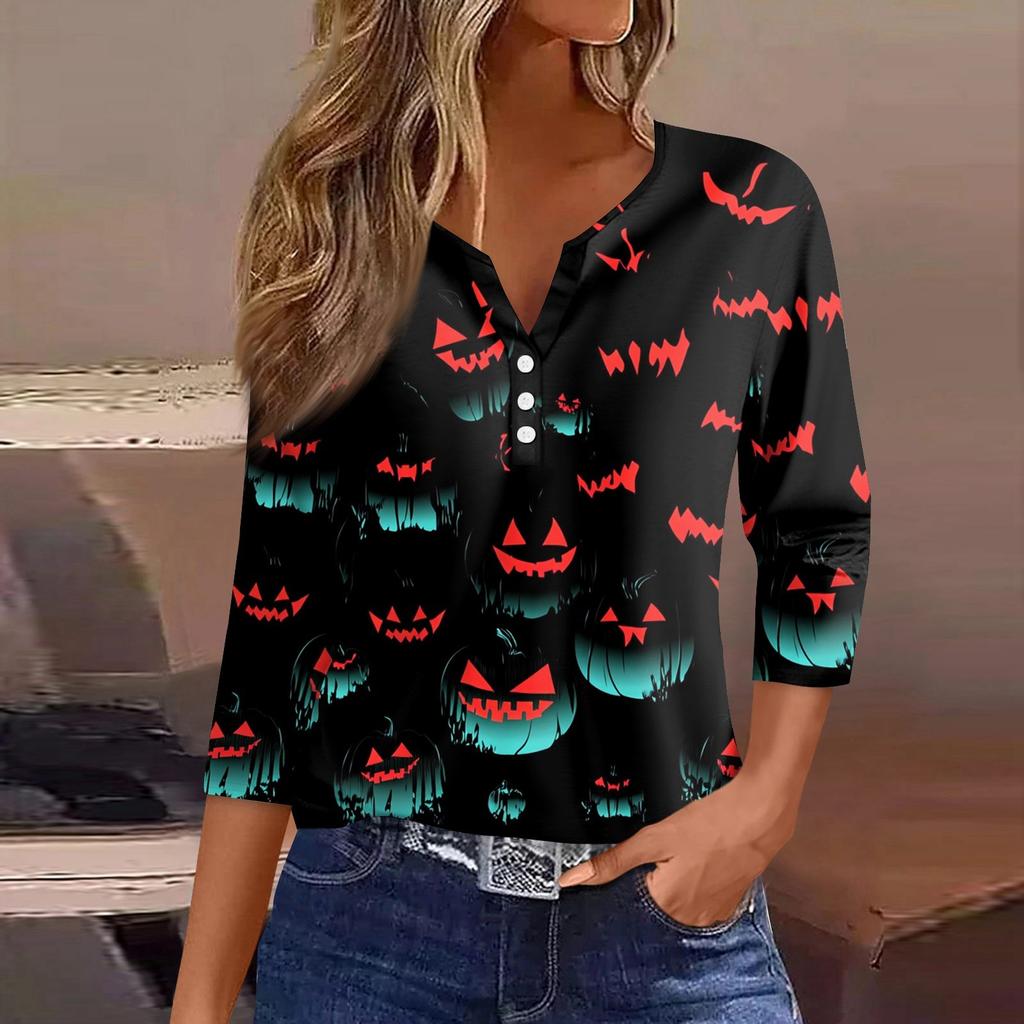 Dames T-shirt Tee Halloween Bedrukt Knoop 3/4 Mouw Tuniek Dagelijks Weekend Mode Basic V-hals Normale Top