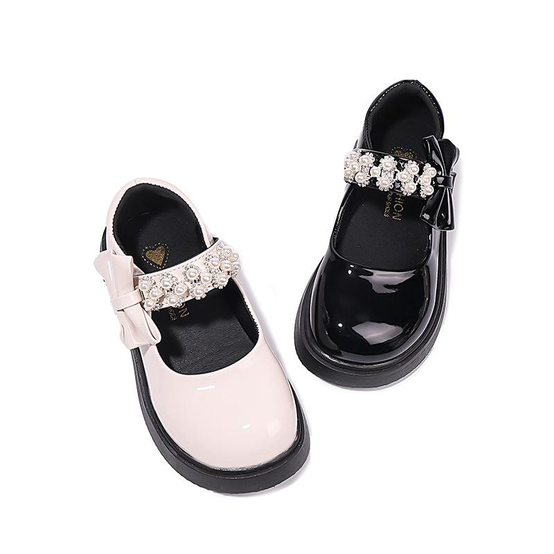 Girls' Leather Shoes, Children's Black Performance Shoes 2025 New Girls' Single Shoes, Medium and Older Children's Foreign Style Pearl Princess Sho