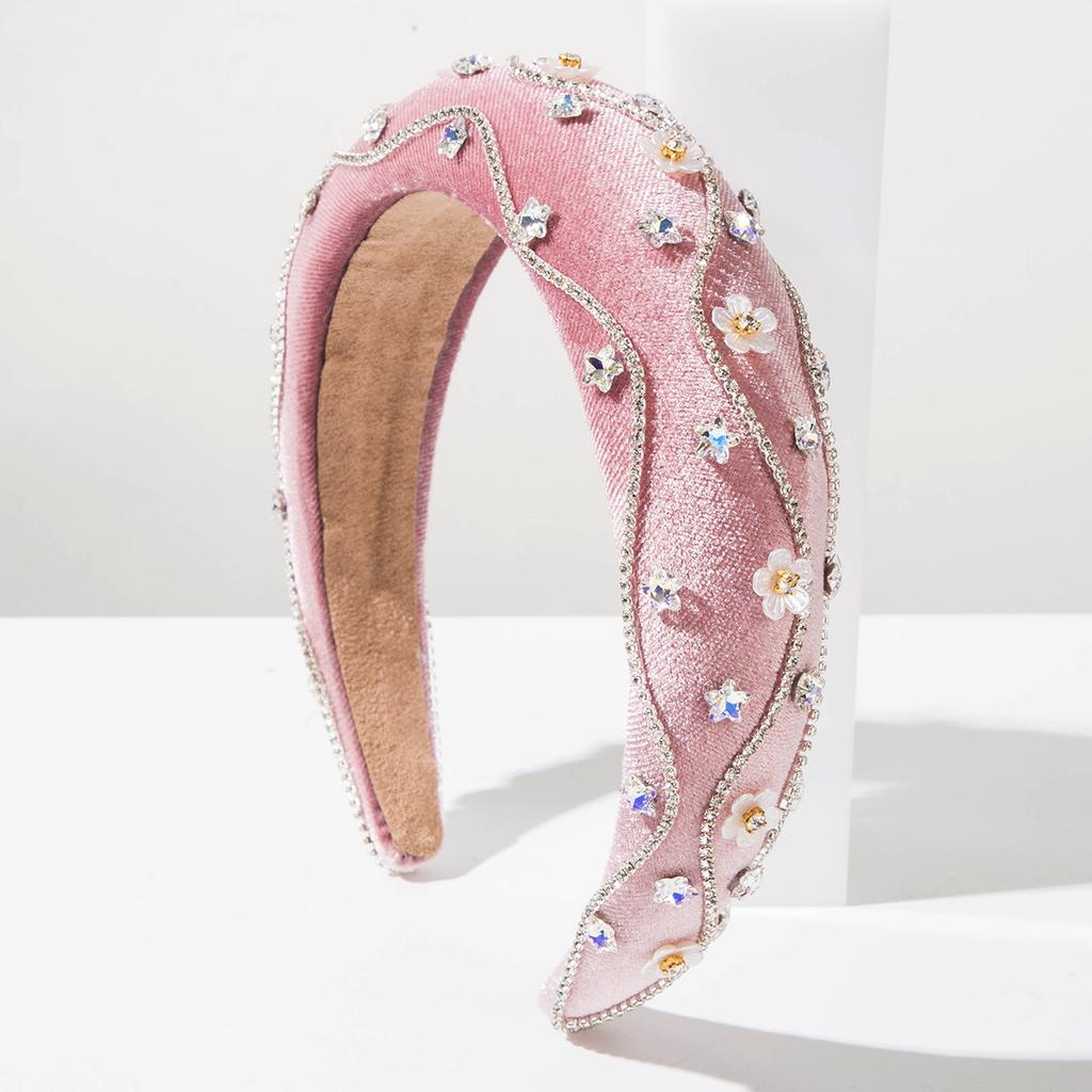 Luxury Velvet Padded Headband With Wavy Rhinestones And Floral Accents Heavy Work Royal Hair Hoop Winter Fashion Headwear