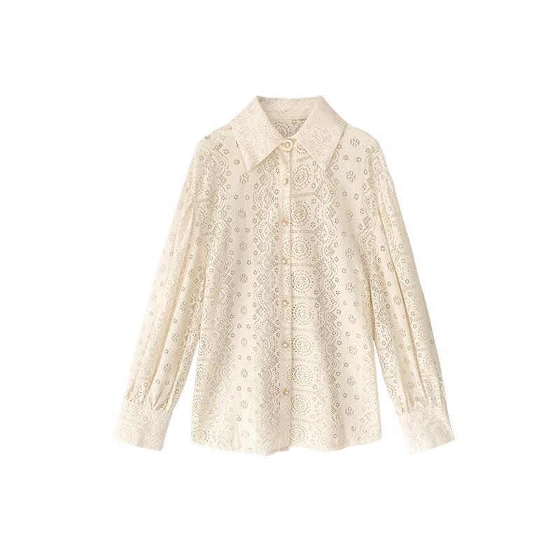 Women's Korean-Style Lace Cotton Long-Sleeve Shirt - Niche, Fashionable, & Loose Fit