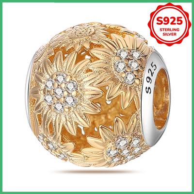 925 Sterling Silver Gold Plated Sunflower Charm Beads DIY Bracelet Necklace Birthday Jewelry Gift