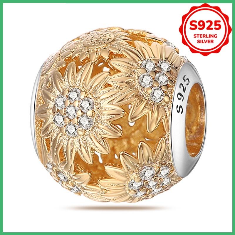 925 Sterling Silver Gold Plated Sunflower Charm Beads DIY Bracelet Necklace Birthday Jewelry Gift