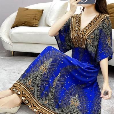 Baumwoll-Seidenkleid, mittellanges Strandkleid, großes, florales, böhmisches, lockeres, lässiges, langes Kleid mit V-Ausschnitt