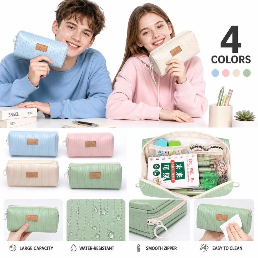 Double Zipper Pen Bag PU Pen Storage Bag New Pencil Pouch  Stationery Supplies