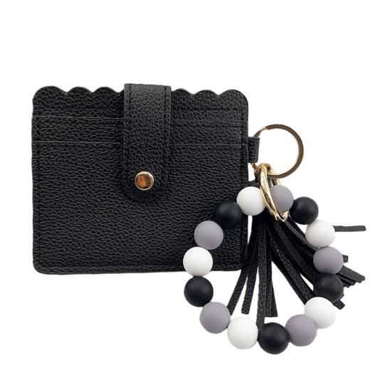 Silicone Bracelet Keychain Wallet Beaded Wristlet Credit Card Holder with Tassel Slim Card Wallet with ID