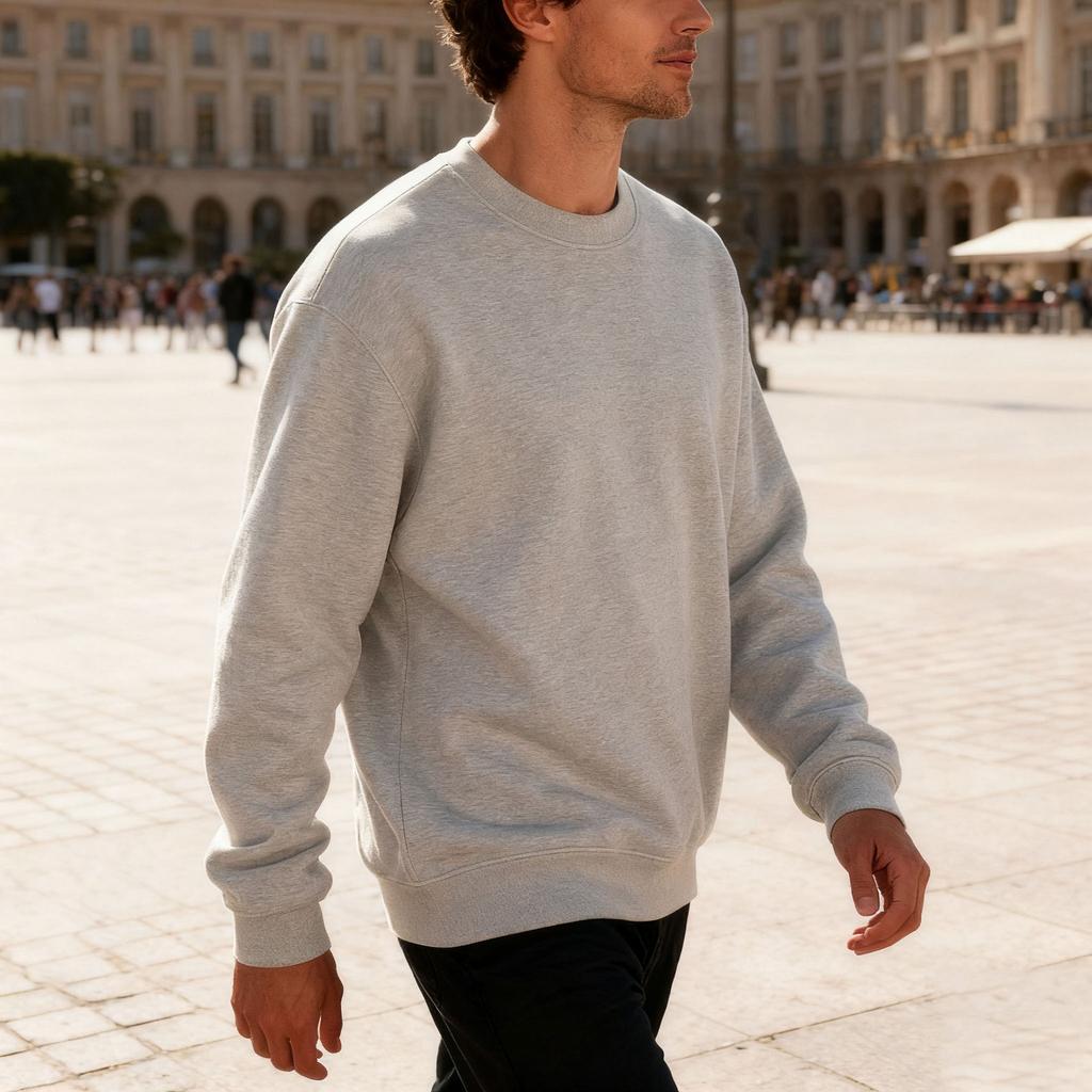 Neues Fleecegefüttertes Sweatshirt für Herren Frühling/Herbst Klassischer Rundhalsausschnitt Einfarbig Übergroß Lässige Passform Oberteil