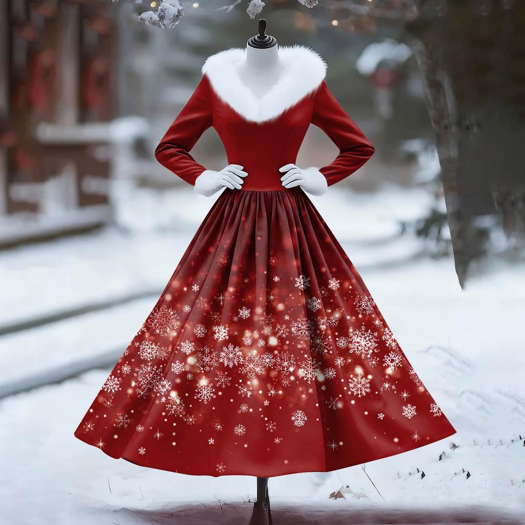 Women's Casual Dress Long-Sleeve V-Neck Patchwork Fleece Christmas Print Dress