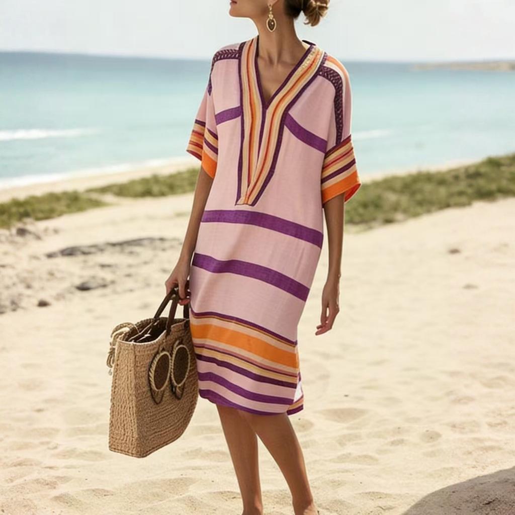 Damen Freizeit Bequem Baumwolle Leinen Kurzarm Tunika Strandkleider Mit Taschen