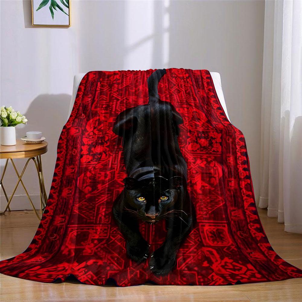 Black Panther Red Background Flannel Blanket Warm Soft Halloween Christmas Couch Warm Cozy Decorative Decor Gift for All Season