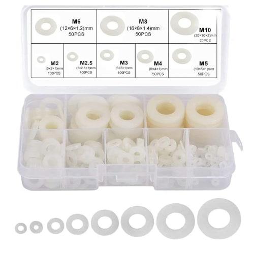 Wolfride 520-Piece Nylon Washers, Flat Washers, Sealing Washers, M2, M2.5, M3, M4, M5, M6, M8, M10, Insulating Nylon Insulating Flat Washers with Stor