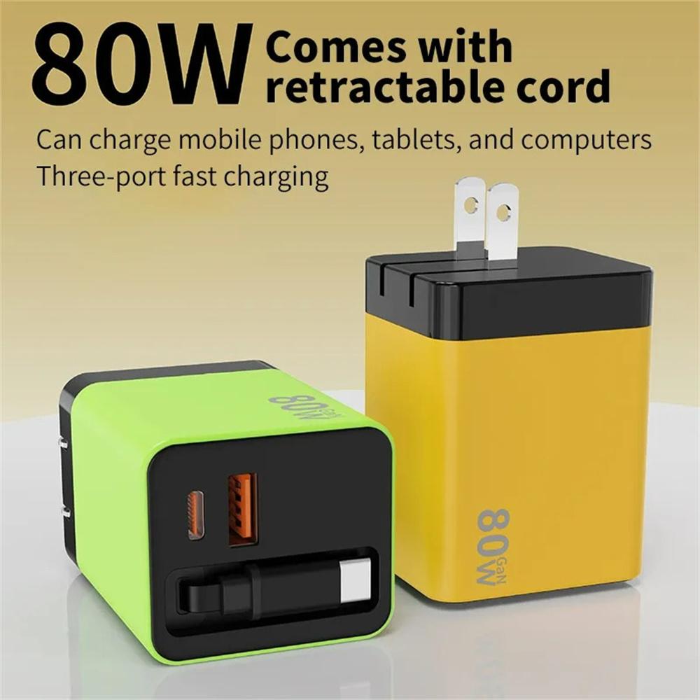 81W USB C Fast Charger with Retractable Type C Cable PD Charging for iPhone 17 16 11 Samsung Xiaomi iPad Phone Quick Charger