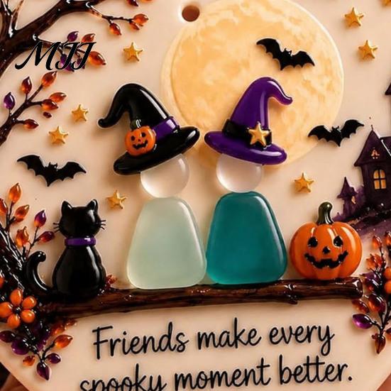 Acrylic Hanging Keepsake Heart-Shaped Sea Glass Art Friendship Ornament, 2D Flat Heart Sentimental Gifts for Her Keepsake, Halloween Pumpkin Black Cat