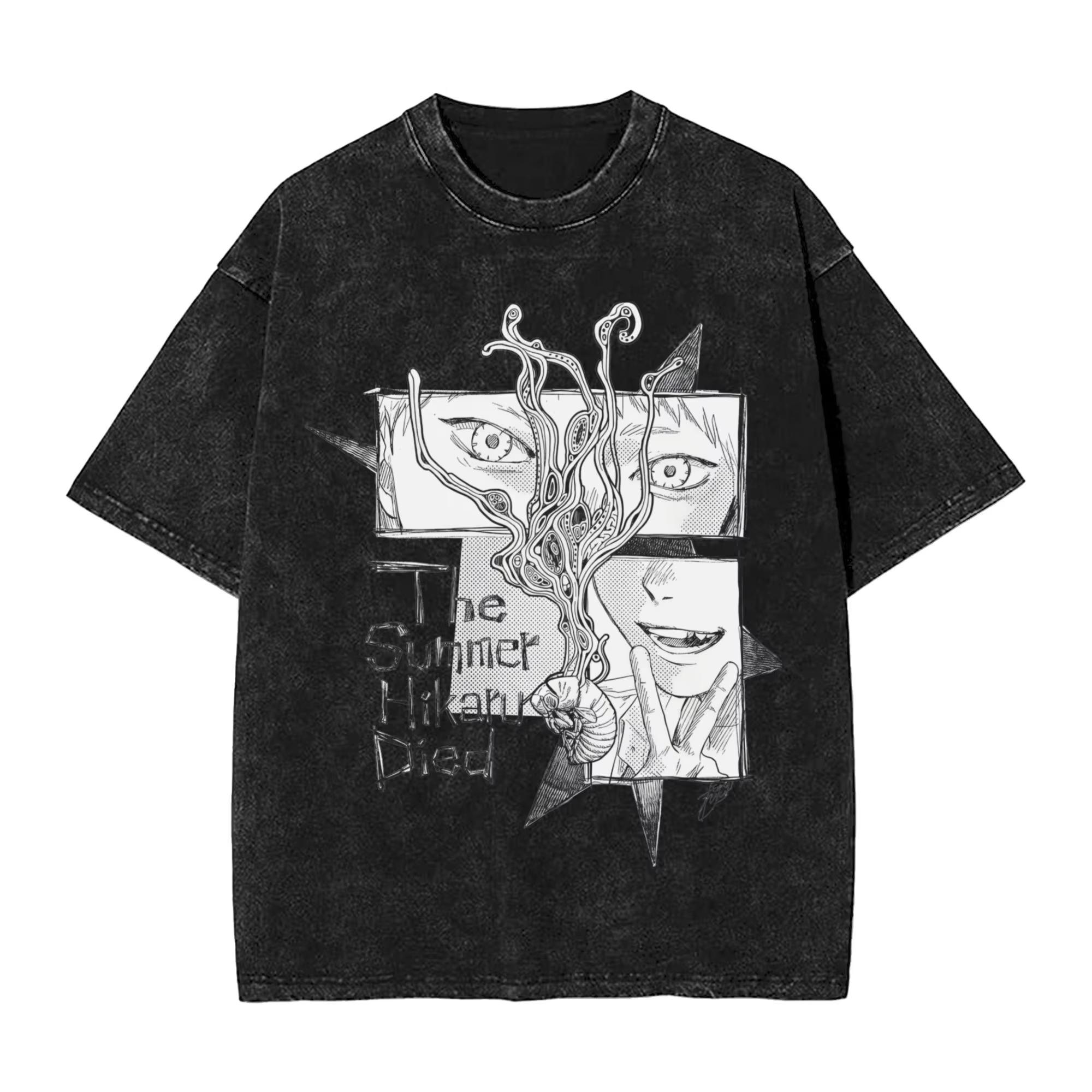 

New Hikaru Died man clothing 100Cotton Washed Tshirt Casual fashion Tee Y2K retro O Neck Streetwear Women Oversized Casual Top M