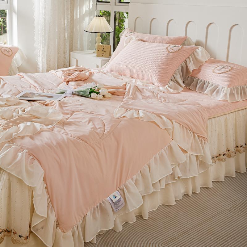 Romantic French Lace Ruffle Bed Skirt Ice Silk Cool Mattress Cover With Summer Quilt Pillowcases