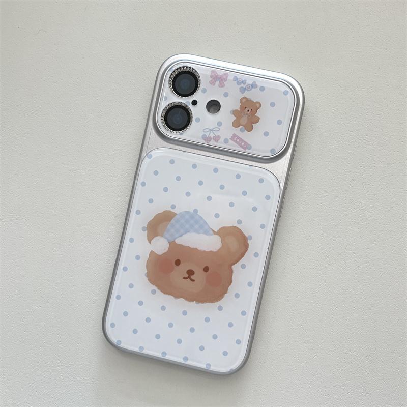 Kawaii Sleepy Bear Blue Polka Dot Clear Phone Case For iPhone 15 16 17 Pro Max INS Cute Large Window Shockproof Cover
