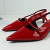 Fashion Patent Leather Women Sandals Sexy Pointed Toe Back Strap Buckle Summer Slingback Footwear Large Size High Heel Red Wedding Shoes