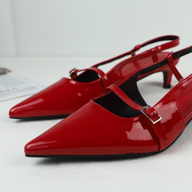 Fashion Patent Leather Women Sandals Sexy Pointed Toe Back Strap Buckle Summer Slingback Footwear Large Size High Heel Red Wedding Shoes