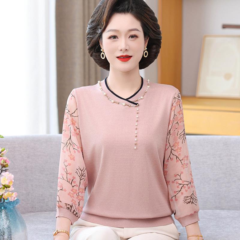 

Elegant Seven-Sleeve Chiffon Knit Top for Women - Stylish Spring Wear for Middle-Aged & Elderly L (recommended 40-50 kg) рожевий/помаранчевий