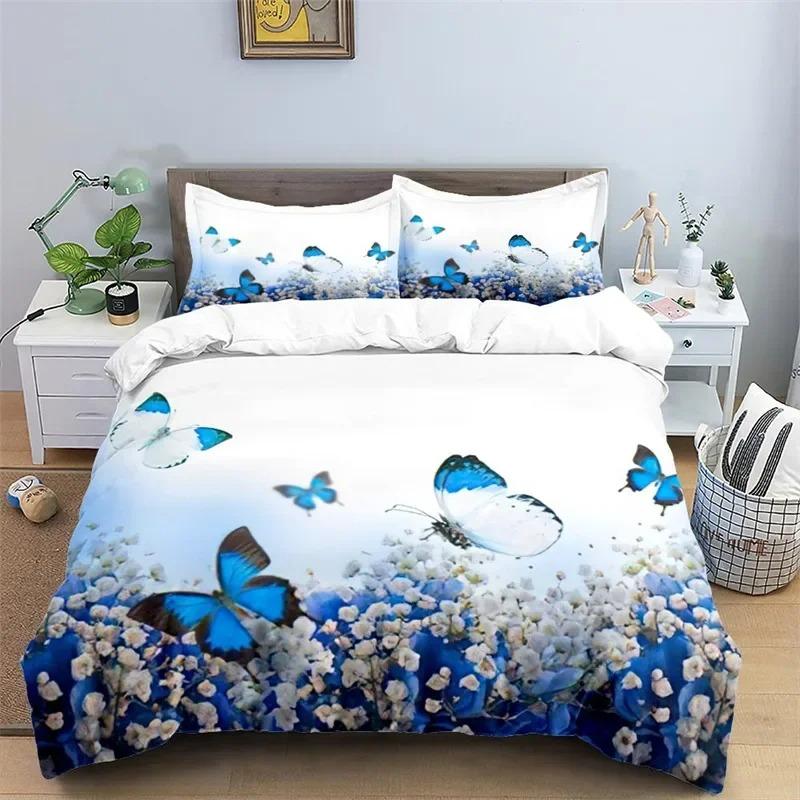 Soft Butterfly Floral Duvet Cover Queen Size For Adults Kids Girls Teens Bedroom Decor Flowers 3D Print Bedding Set Pillowcases