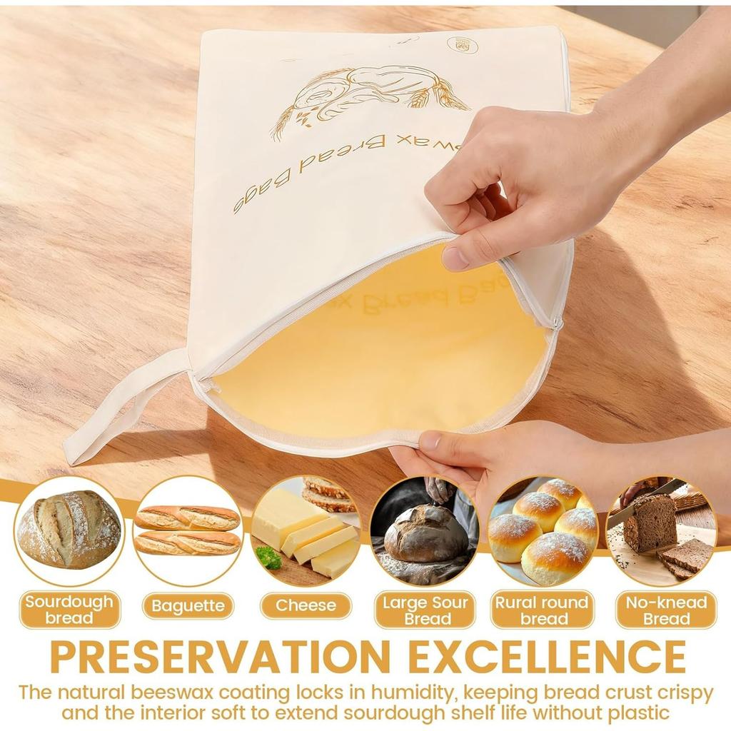 2 Peças Saco de Pão de Cera de Abelha com Zíper em L Grande Capacidade Reutilizável para Pão de Fermentação Natural Queijo para Padeiro Casa Agricultor 16,5x13 Polegadas