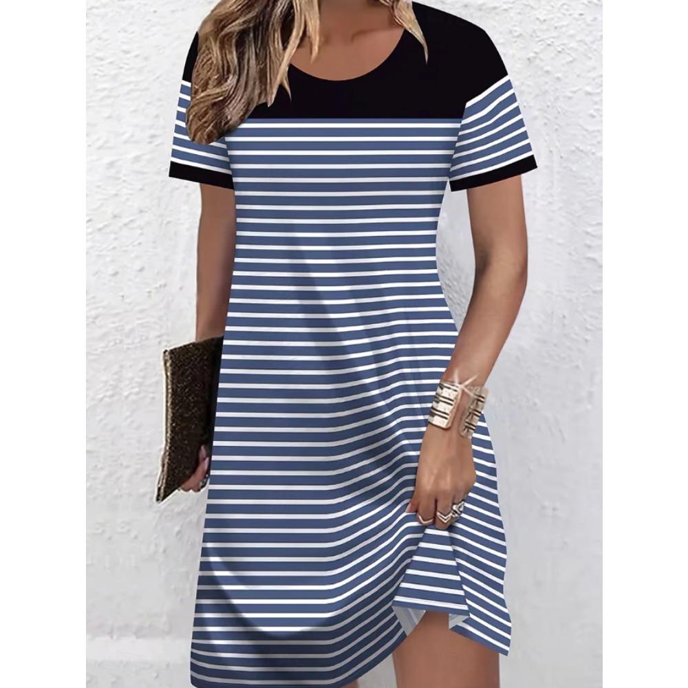 Abiti casual da donna alla moda con stampa a righe, manica corta, girocollo, per estate e primavera