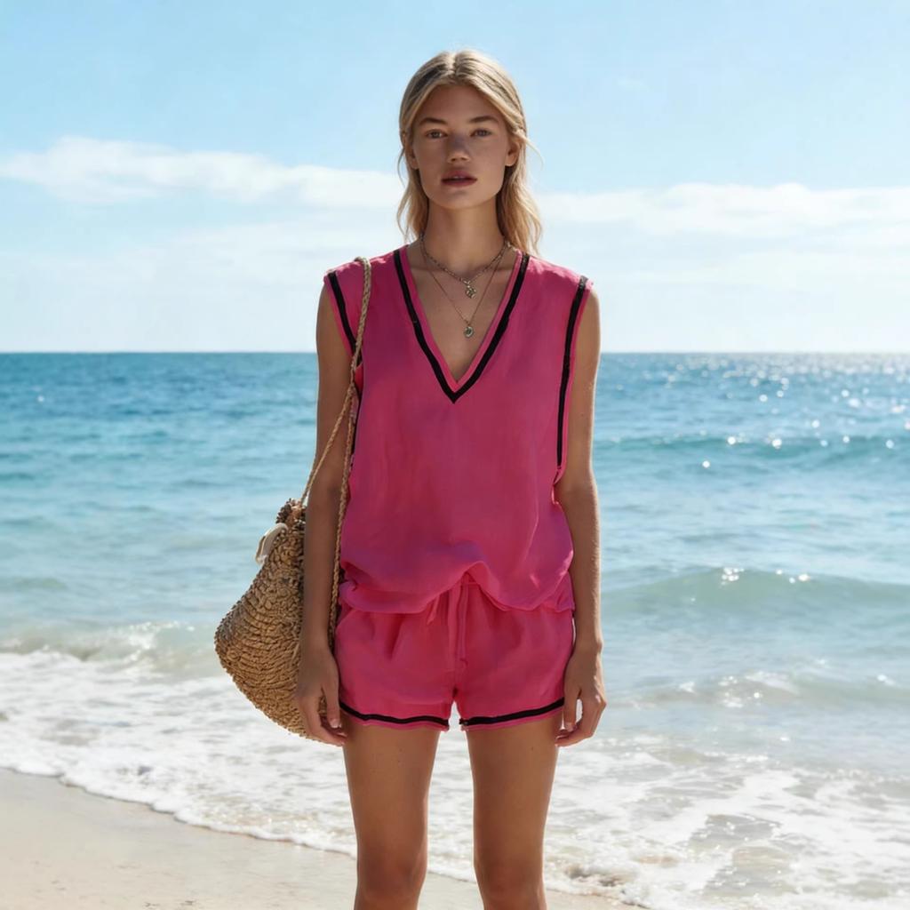 Women's Loose Fit Two-Piece Outfit Set Sleeveless V Neck Tank Top High Waist Shorts