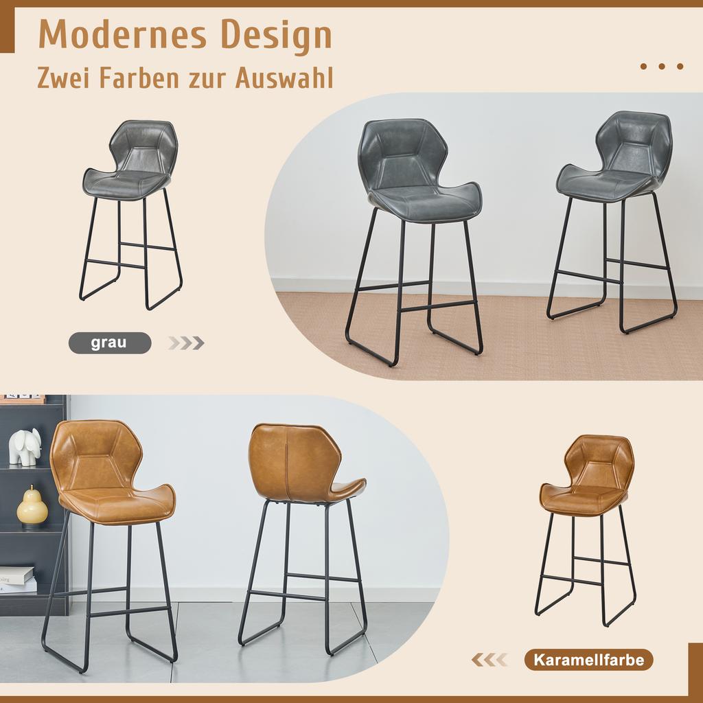 Set of 2 Bar Stools of Faux Leather, Bar Chairs with Backrest, Metal Frame and Footrest, for Kitchen, Counter, Home Bar and Dining Area,Cognac Brown