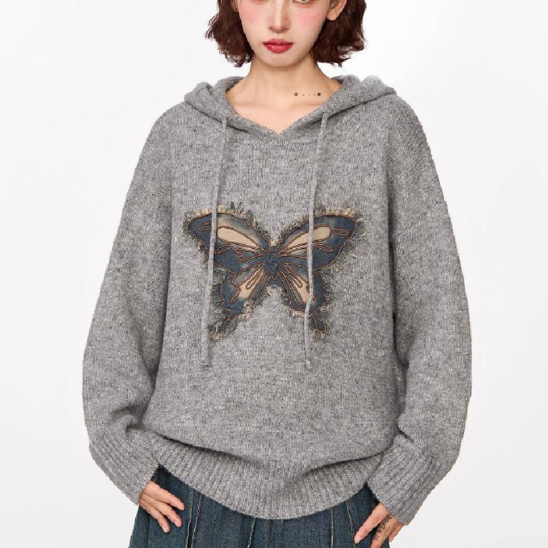 

Серый пуловер с капюшоном и вязаным свитером с бабочкой Женский свитер 2025 Осень-Зима Ленивый свитер Свободный топ с длинным рукавом One Size