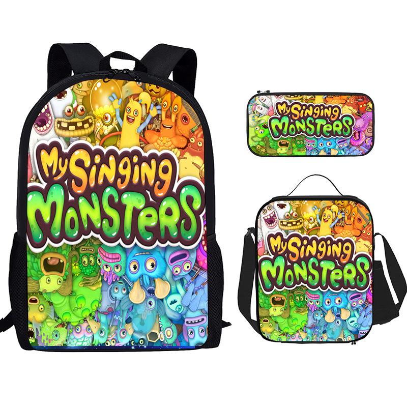 Monster Singer Elementary School Bag Three-Piece Nylon Printed Backpack Breathable Backpack Lightweight