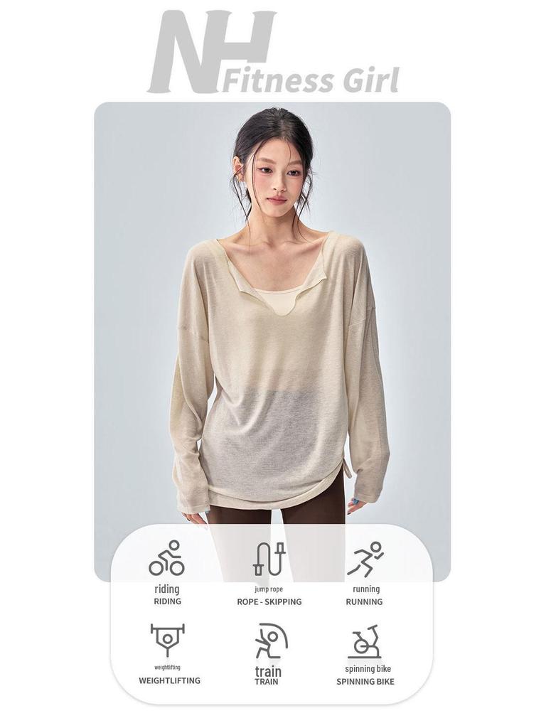 Women's Korean Style Long Sleeve V-neck Yoga Top - Loose, Breathable, Casual Sportswear