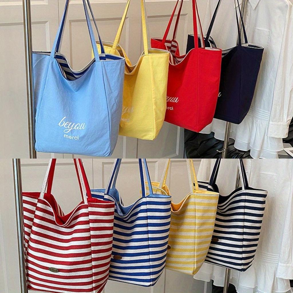 Striped Canvas Double-sided Usable Bag, Tote Bag, Casual Shoulder Bag, Large Capacity Shopping Bag