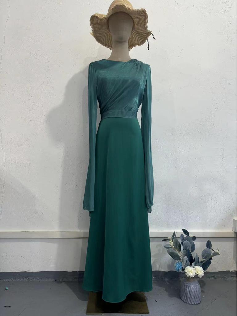 2025 Spring Socialite Slimming Spliced Glass Yarn Long Sleeve Satin Dress