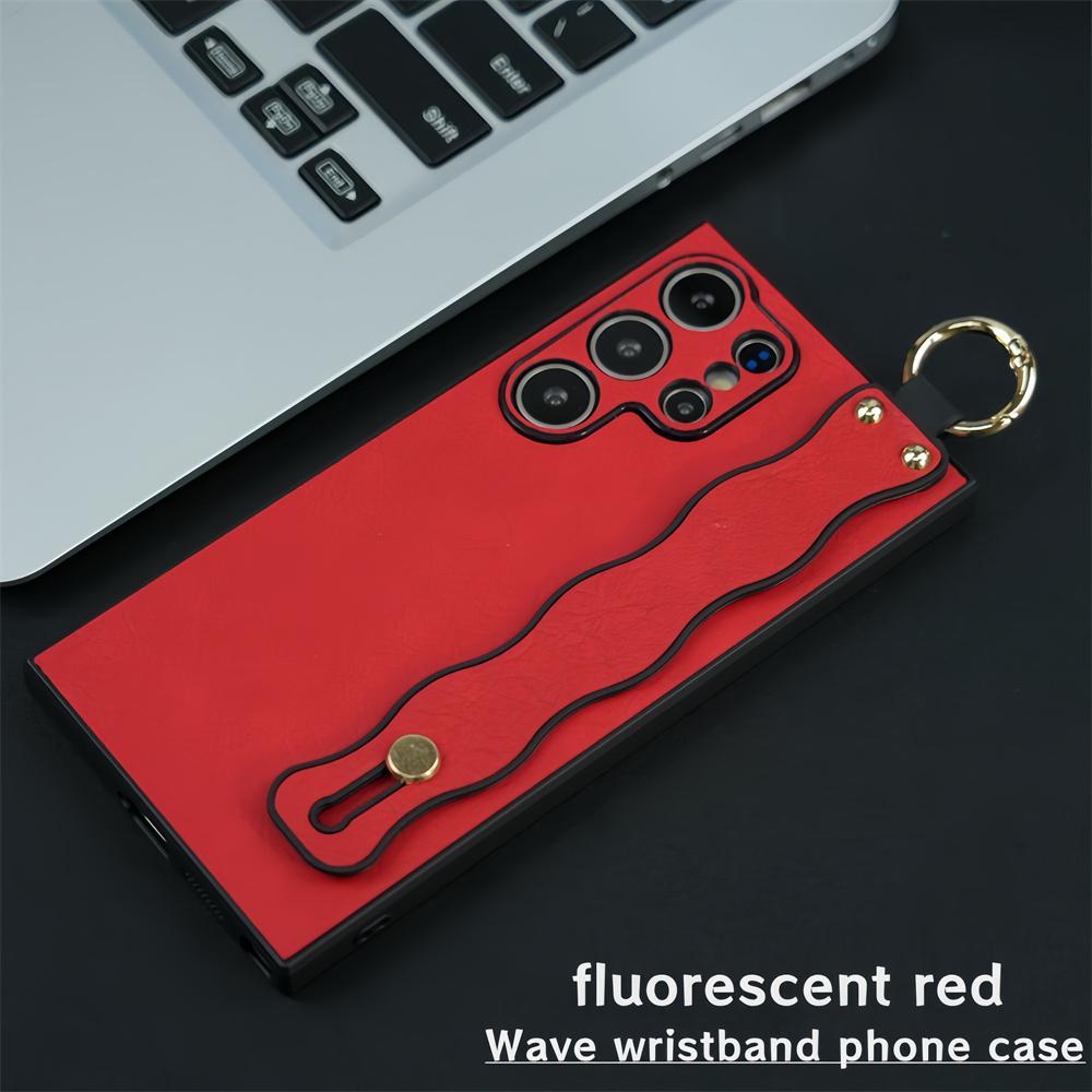 

Luxury Wristband Bracket Leather Case for Samsung Galaxy S24 Ultra S23 S22 S21 Plus Hand Wrist Strap Stand Pure Color Wave Cover for Samsung S24 Plus