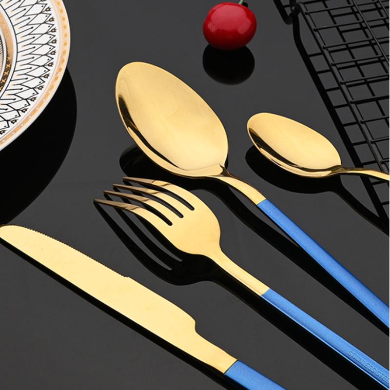 24 ks Moderní jídelní sada Nerezová sada nádobí Modrá Zlatá Nůž Vidlička Lžíce Čajová lžička Kuchyňská sada příborů
