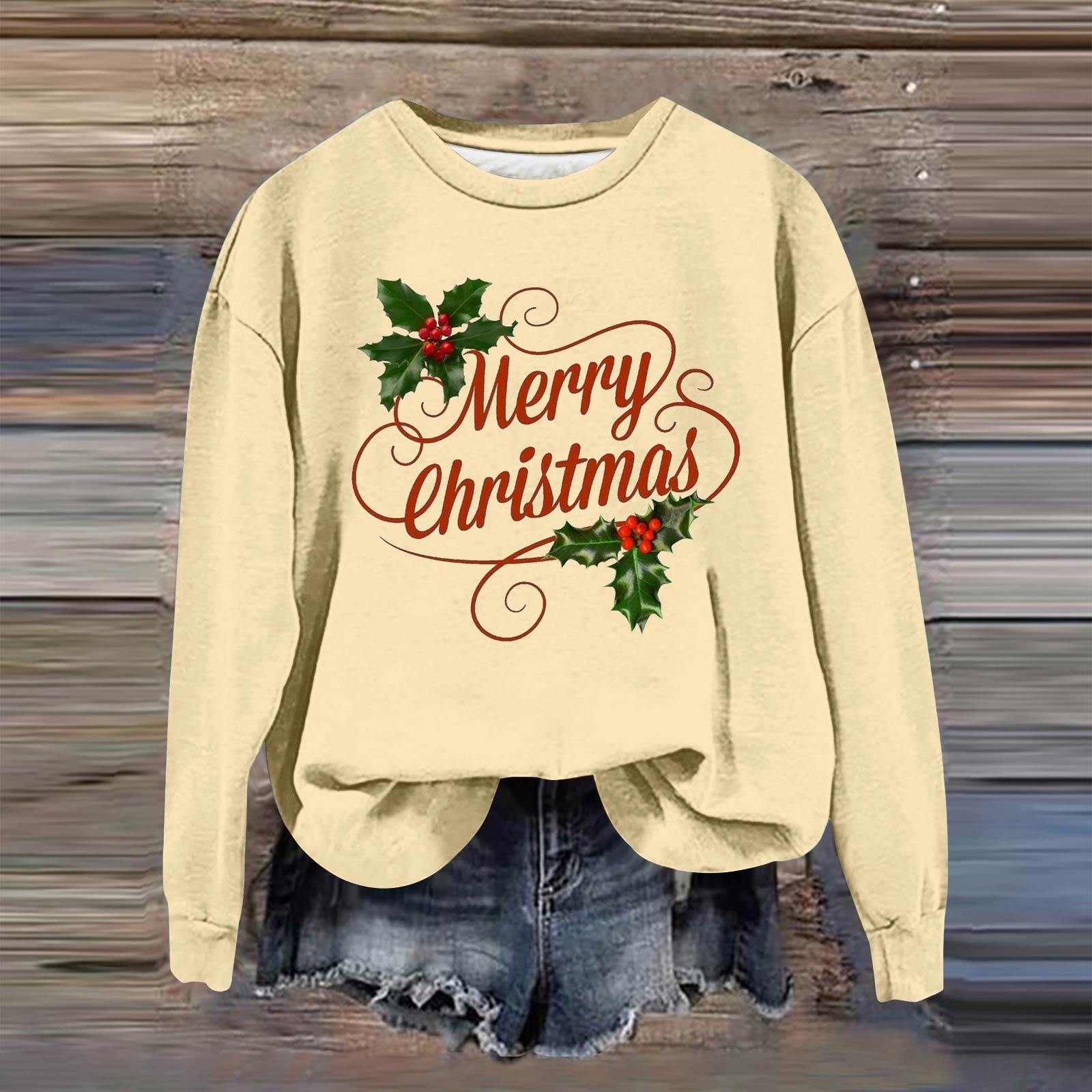 

Women s Fashion Casual Long Sleeve Loose Christmas Printed Sweatshirt XXL бежевий