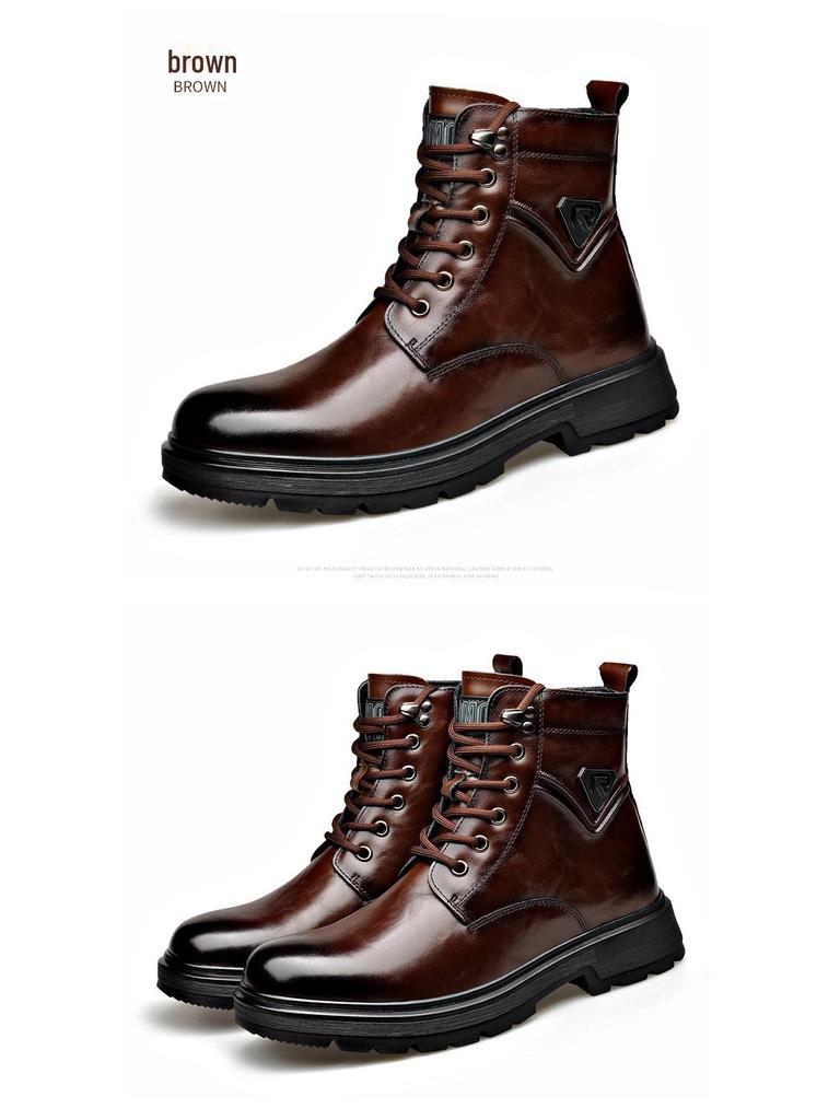 Men's Trendy Wool-Lined Cowhide High-Top Martin Boots with Side Zipper - Casual and Warm.