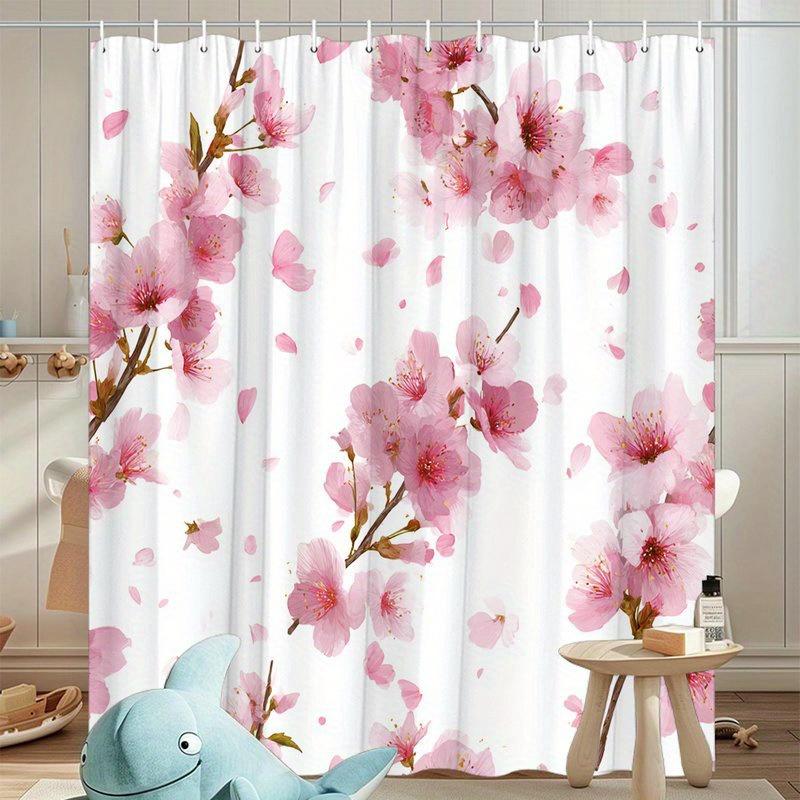 1pc Elegant Cherry Blossom Shower Curtain - Pink floral pattern on white background, polyester fabric, machine washable