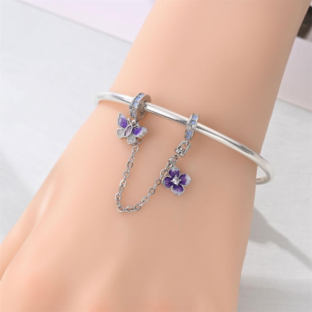 Argent 925 Classique Papillon Violet Fleur Chat Chaîne Fixe Ours Couple Perle Ajustement Bracelet Bijoux Femme Accessoire DIY