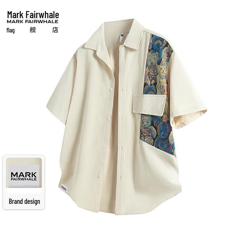 MARK FAIRWHALE Men s New Chinese Style Embroidered Patchwork Short-Sleeve Shirt L