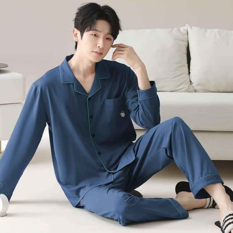 Hengyuanxiang Men's Pure Cotton Cardigan Pajama Set