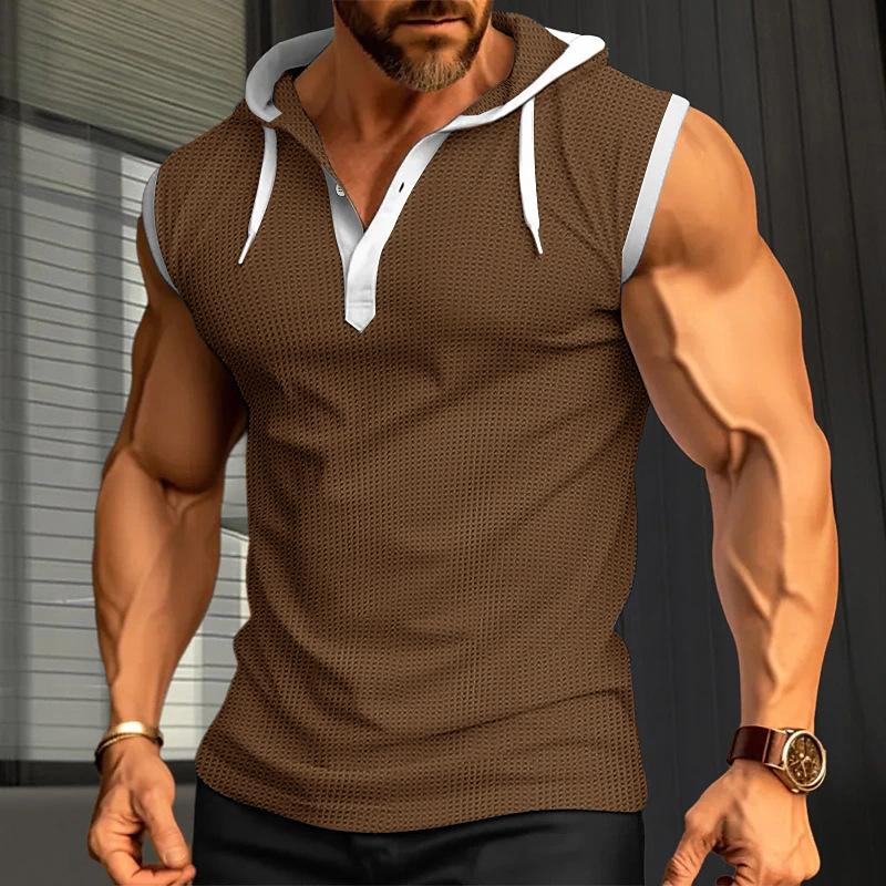 Henley Canotte da Uomo Tinta Unita Senza Maniche da Allenamento con Cappuccio Camicia Estiva con Scollo a V Abbottonata T-shirt da Ginnastica con Cappuccio Attive per Uomo T-shirt Senza Maniche in Maglia Waffle
