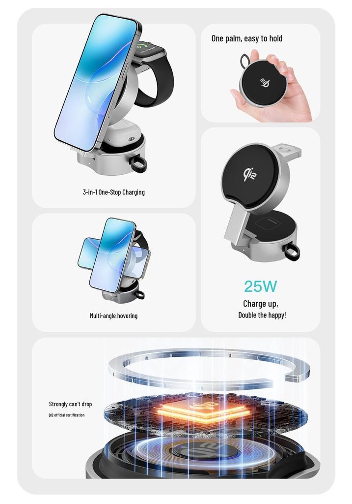 Foldable 15W 3-in-1 Magnetic Wireless Charger and Phone Holder